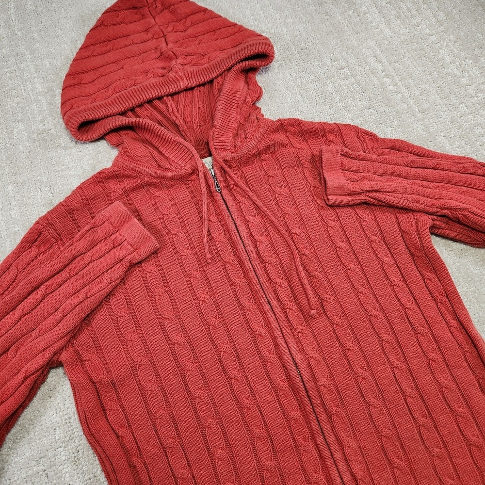 Vintage Cable Knit Sweater Hoodie Women Small Cabelas Full Zip Cotton Orange Y2K
